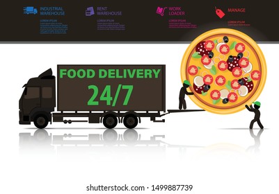 Food delivery. Two deliverymen brought a huge pizza with sausages. Vector banner