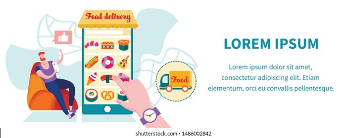 Food Delivery Using Mobile App. Buying Application, Man with Smartphone Sitting at Huge Cellphone with Different Products on Screen, Customer Order Eco Market Cartoon Flat Vector Illustration, Banner
