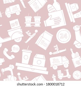 Food delivery - Vector background (seamless pattern) of silhouettes courier, truck, pizza, transportation, cart, scooter and other for graphic design