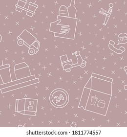 Entrega de alimentos - Fondo vectorial (patrón sin fisuras) de mensajero, camión, pizza, transporte, carro, scooter y otros para diseño gráfico