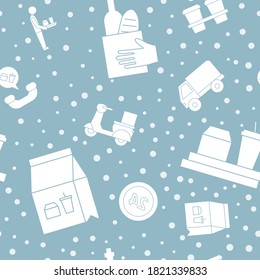 Entrega de alimentos - Fondo vectorial (patrón sin fisuras) de siluetas, correo, camión, pizza, transporte, carro, scooter y otros para diseño gráfico