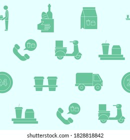 Food delivery - Vector background (seamless pattern) of silhouettes courier, truck, pizza, transportation, cart, scooter and other for graphic design