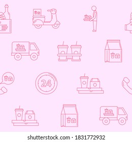Food delivery - Vector background (seamless pattern) of courier, truck, pizza, transportation, cart, scooter and other for graphic design
