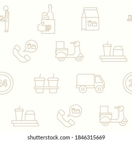 Food delivery - Vector background (seamless pattern) of courier, truck, pizza, transportation, cart, scooter and other for graphic design