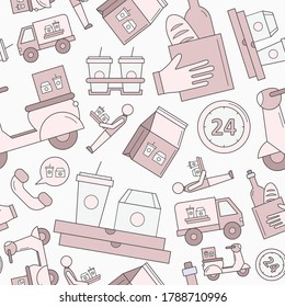 Food delivery - Vector color background (seamless pattern) of courier, truck, pizza, transportation, cart, scooter and other for graphic design