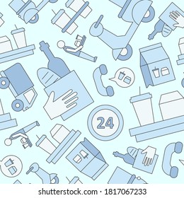 Entrega de alimentos - Fondo de color vectorial (patrón sin fisuras) de mensajero, camión, pizza, transporte, carro, scooter y otros para diseño gráfico