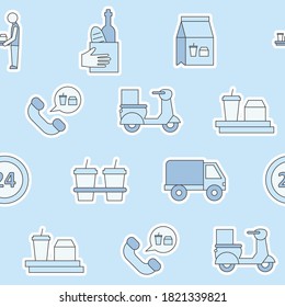 Food delivery - Vector color background (seamless pattern) of courier, truck, pizza, transportation, cart, scooter and other for graphic design