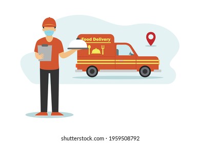 Food delivery vector concept. Delivery man wearing face mask and holding food with delivery car background