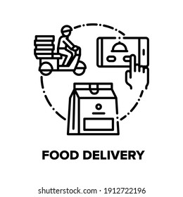Food Delivery Vector Icon Concept. Nutrition Express Delivery Service Phone Online Application And Driver Delivering Order Nourishment Bag To Customer. Restaurant Take Away Black Illustration