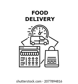 Concepto de icono del vector de entrega de alimentos. Servicio De Entrega De Alimentos, Elección De Plato En Línea En El Sitio Web, Entrega Rápida Bolsa De Comida En La Camioneta. Restaurante Y Cafetería Que Sirve A Los Clientes Ilustración Negra