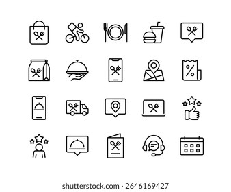 Food Delivery Vector Icon Set | Adjustable Line Weight | Shopping bag, bicycle delivery, dining, takeaway, menu, location, discount, mobile app, van, review, support icons