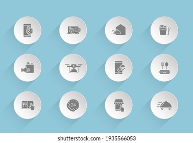 food delivery vector icons on round puffy paper circles with transparent shadows on blue background. food delivery stock vector icons for web, mobile and user interface design