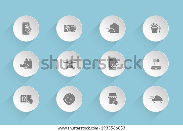 food delivery\
vector icons on round puffy paper circles with transparent shadows\
on blue background. food delivery stock vector icons for web,\
mobile and user interface\
design