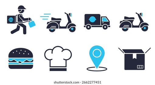 Ícones de vetor de entrega de alimentos definidos com caixa de refeição scooter restaurante take out e courier símbolos