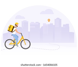 Food delivery vector illustration. Courier man on bicycle with yellow parcel box on the back. Route with dash line trace and finish point. Cityscape on background.