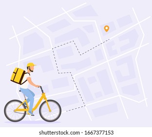 Food delivery vector illustration. Courier man on bicycle with yellow parcel box on the back. Route with dash line trace and finish point on city map. Top view. 