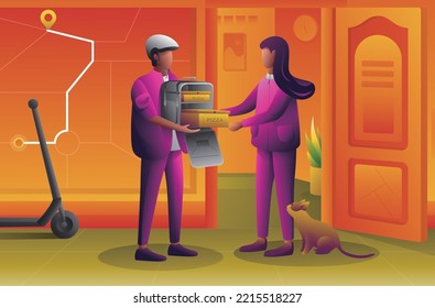Food delivery vector illustration. Food deliverymen ride scooters to customers' doorsteps and deliver pizzas safely to customers in hot boxes that chefs pack in the kitchen. cat hiding behind.