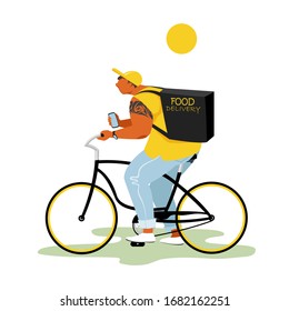 food delivery. vector image of a food delivery man at home on a Bicycle