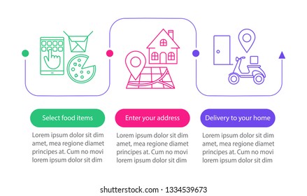 Food delivery vector infographic template. Online meal ordering. Select items, setting address. Data visualization with three steps and options. Process timeline chart. Workflow layout with icons