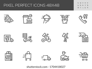 Food Delivery Vector Line Icons. Contactless Delivery, Courier, Grocery Bag. Editable Stroke. 48x48 Pixel Perfect.