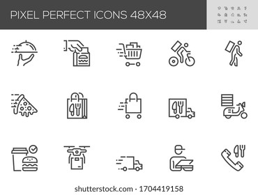 Food Delivery Vector Line Icons. Contactless Delivery, Courier, Grocery Bag. Editable Stroke. 48x48 Pixel Perfect.