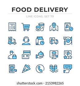 Juego de iconos de línea vectorial de entrega de alimentos. Diseño delgado de línea. Elementos gráficos de contorno, símbolos de trazo simples. Iconos de entrega de alimentos