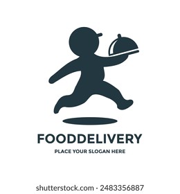 Food delivery vector logo template. This design use human as courier delivers orders. Suitable for culinary business.