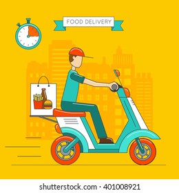 Food delivery. Vector man courier driving moped on street. Deliveryman riding motorcycle carrying fast food in pack on trunk illustration. Cityscape background. Express fastfood delivery by scooter
