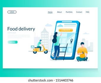 Food delivery vector website template, web page and landing page design for website and mobile site development. Order food online via smartphone and delivery service.
