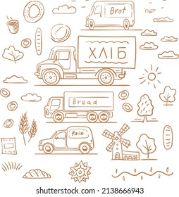 Food delivery vehicles. Free hand drawing. Vector illustration. Cartoon style. Doodle note design. Packaging design.