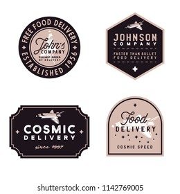 Food delivery vintage badges, old-fashioned vector illustration with grunge texture and space shuttle as main design element of these emblems. Retro styled 1960s logos on food theme