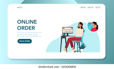 Food delivery web banner. Online order and delivery concept. Order in the internet and wait for courier. Food delivery landing page. Vector illustration in cartoon style
