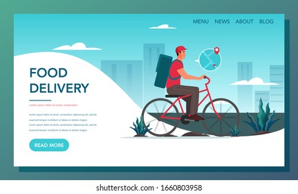 Food delivery web banner. Online delivery concept. Order in the internet and wait for courier. Food delivery landing page. Vector illustration in cartoon style