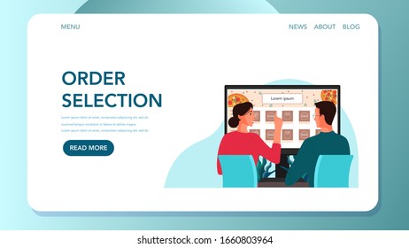 Food delivery web banner. Online order selection and delivery concept. People choosing their order. Food delivery landing page. Vector illustration in cartoon style