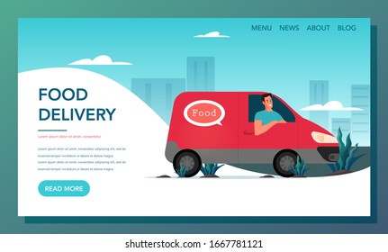 Food delivery web banner. Online delivery concept. Person in uniform driving a van. Food delivery from food service. Food delivery landing page. Vector illustration in cartoon style