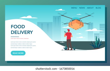 Food delivery web banner. Online delivery concept. Delivery drone with the package. Modern technology for customer service. Food delivery landing page. Vector illustration in cartoon style