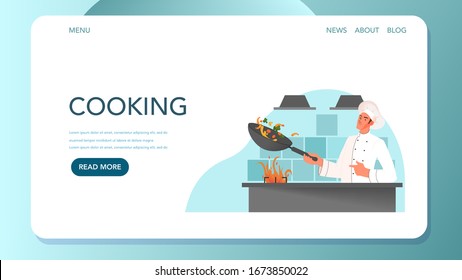 Food delivery web banner. Online delivery concept. Male restaurant chef in white uniform cooking meal on the kitchen. Chef at the stove. Vector illustration in cartoon style