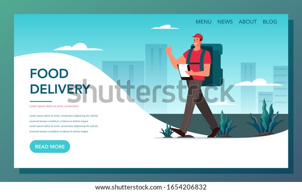 Food delivery web banner.\
Online delivery concept. Order in the internet and wait for\
courier. Food delivery landing page. Vector illustration in cartoon\
style