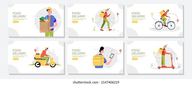 Food delivery web banners set. The concept of fast and free delivery. Vector illustration in cartoon style.