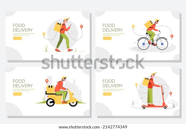 Food delivery web\
banners set. Online delivery concept. Template with a walking\
courier, courier on a bike, on a scooter, on a motorbike. Vector\
illustration in cartoon\
style.