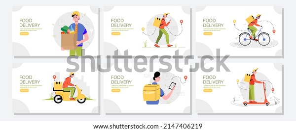 Food delivery web\
banners set. The concept of fast and free delivery. Vector\
illustration in cartoon\
style.