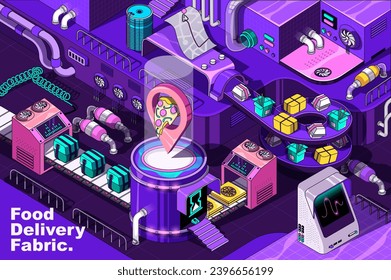 Food delivery web concept in 3d isometric design. Fast courier shipping pizza orders to home location. Abstract fabric production line in isometry graphic for corporate poster. Vector illustration.