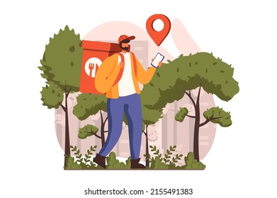 Food delivery web concept in flat design. Courier walking and delivers bag of groceries from store and order of food. Fast shipping and tracking in application. Vector illustration with people scene