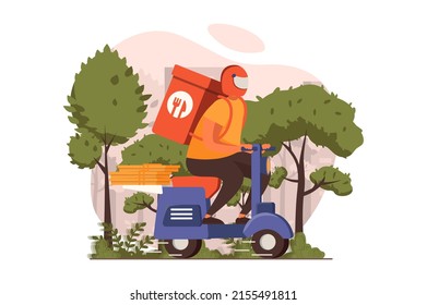 Food delivery web concept in flat design. Courier rides motorbike and delivers bag of groceries from store and order of food in boxes. Fast parcel shipping. Vector illustration with people scene