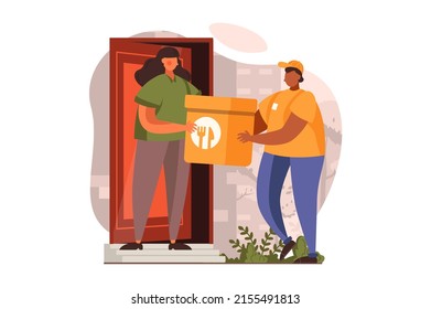 Concepto web de entrega de alimentos en diseño plano. Courier entrega una bolsa de comestibles de la tienda y se para a la puerta del cliente. La mujer recibe el pedido del restaurante. Ilustración vectorial con escena de personas