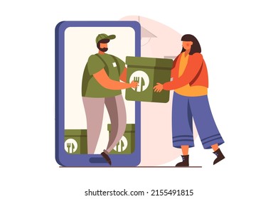 Food delivery web concept in flat design. Woman uses mobile app for ordering meal, online paying and receives of food from restaurant. Courier delivers bag. Vector illustration with people scene