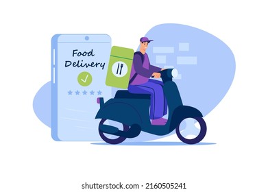 Food delivery web concept in flat design. Courier carries food or lunch in bag and rides scooter to client's home. App for ordering delivery from restaurant and online tracking. Vector illustration