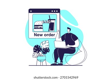 Concepto de Web de entrega de alimentos con personas planas para el diseño del Sitio web. Hombre haciendo pedidos en línea en el menú del restaurante desde la computadora portátil, pagando, rastreando y esperando mensajería con envío de comidas. Ilustración vectorial.