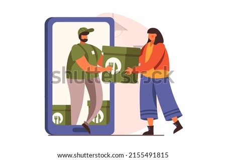 Food delivery web concept in flat design. Woman uses mobile app for ordering meal, online paying and receives of food from restaurant. Courier delivers bag. Vector illustration with people scene