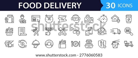 Food delivery Web Icon Set in Linear Style. Collection of delivery line icons, including courier, restaurant, food, fast food, scooter, deliver, menu, grocery, take away and more. Editable stroke
